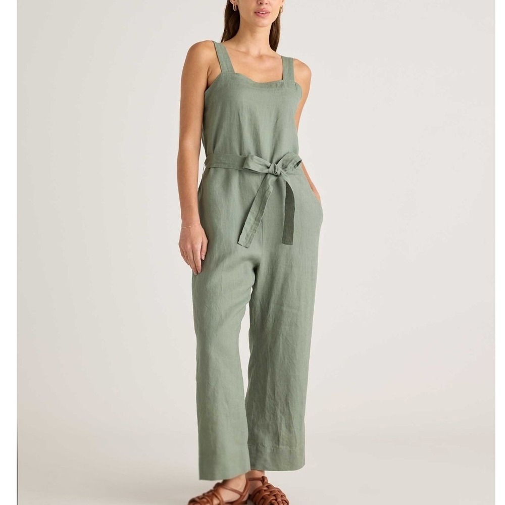 Quince 100% European Linen Square Neck Wide Leg Jumpsuit Sage Green Large